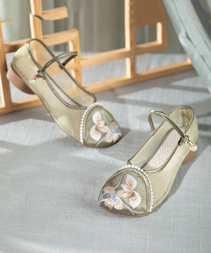 Retro Buckle Strap Splicing Embroideried Flat Feet Shoes Green Tulle LY7691