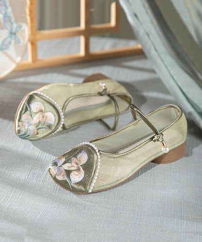 Retro Buckle Strap Splicing Embroideried Flat Feet Shoes Green Tulle LY7691