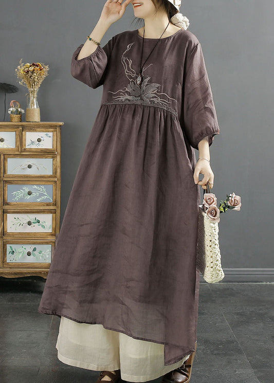 Retro Coffee Embroideried Wrinkled Patchwork Linen Dress Bracelet Sleeve LY2511