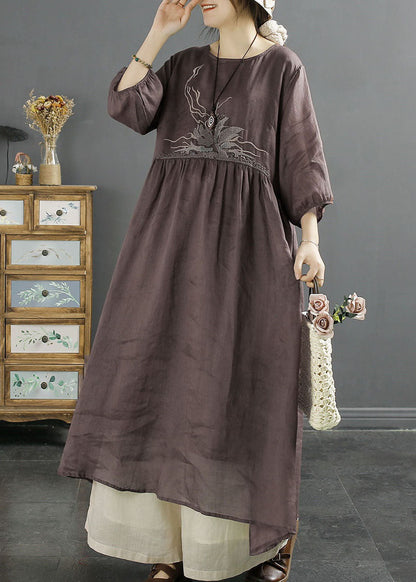 Retro Coffee Embroideried Wrinkled Patchwork Linen Dress Bracelet Sleeve LY2511 - fabuloryshop