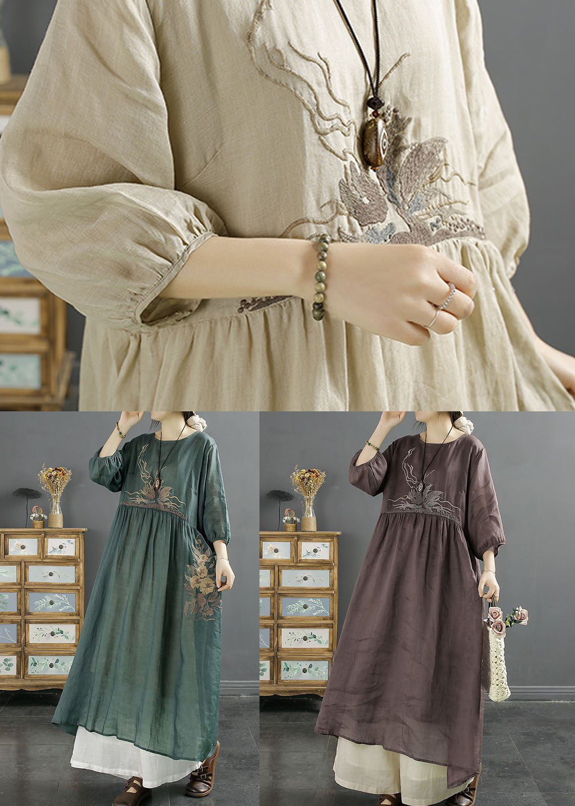Retro Coffee Embroideried Wrinkled Patchwork Linen Dress Bracelet Sleeve LY2511