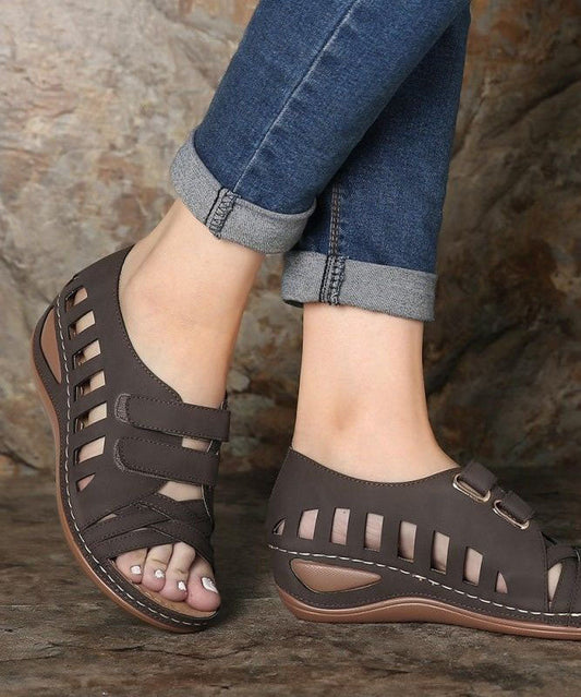 Retro Coffee Hollow Out Splicing Peep Toe Sandals Faux Leather LY2674