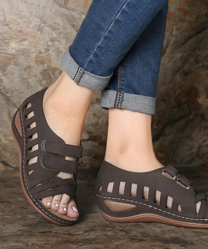 Retro Coffee Hollow Out Splicing Peep Toe Sandals Faux Leather LY2674 - fabuloryshop