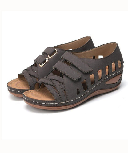 Retro Coffee Hollow Out Splicing Peep Toe Sandals Faux Leather LY2674 - fabuloryshop