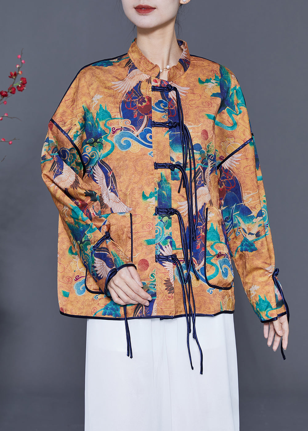 Retro Coffee Mandarin Collar Print Tassel Silk Shirt Spring LY5418 - fabuloryshop