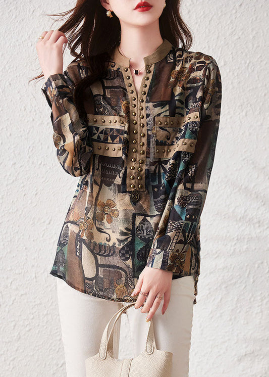 Retro Coffee Print Rivet Patchwork Cotton Shirts Top Long Sleeve TQ1025 - fabuloryshop