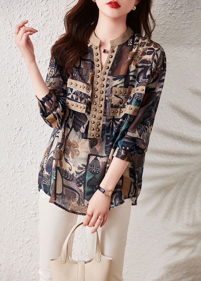 Retro Coffee Print Rivet Patchwork Cotton Shirts Top Long Sleeve TQ1025 - fabuloryshop