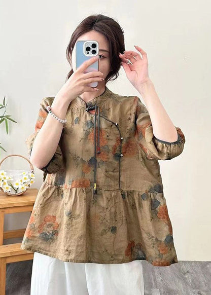 Retro Coffee Stand Collar Tasseled Print Patchwork Linen Top Summer LY2562 - fabuloryshop