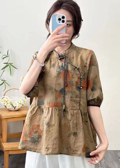 Retro Coffee Stand Collar Tasseled Print Patchwork Linen Top Summer LY2562 - fabuloryshop