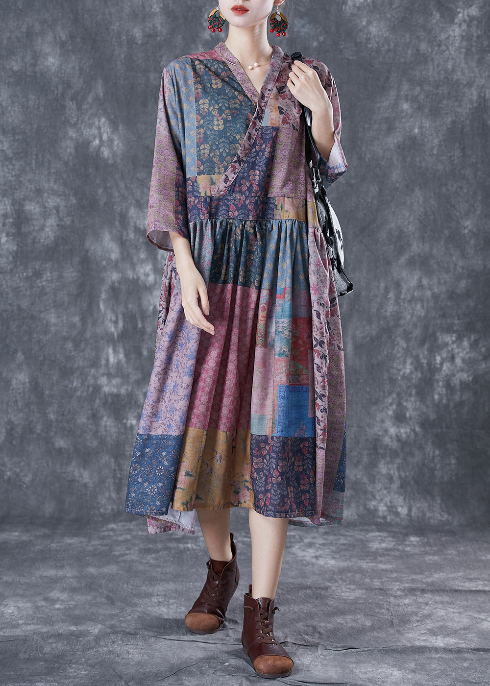 Retro Colorblock V Neck Patchwork Exra Large Hem Linen Dress Bracelet Sleeve LY5101 - fabuloryshop
