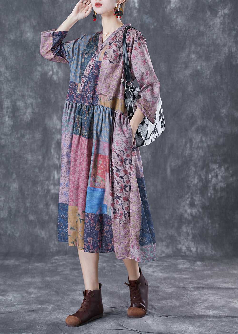 Retro Colorblock V Neck Patchwork Exra Large Hem Linen Dress Bracelet Sleeve LY5101 - fabuloryshop