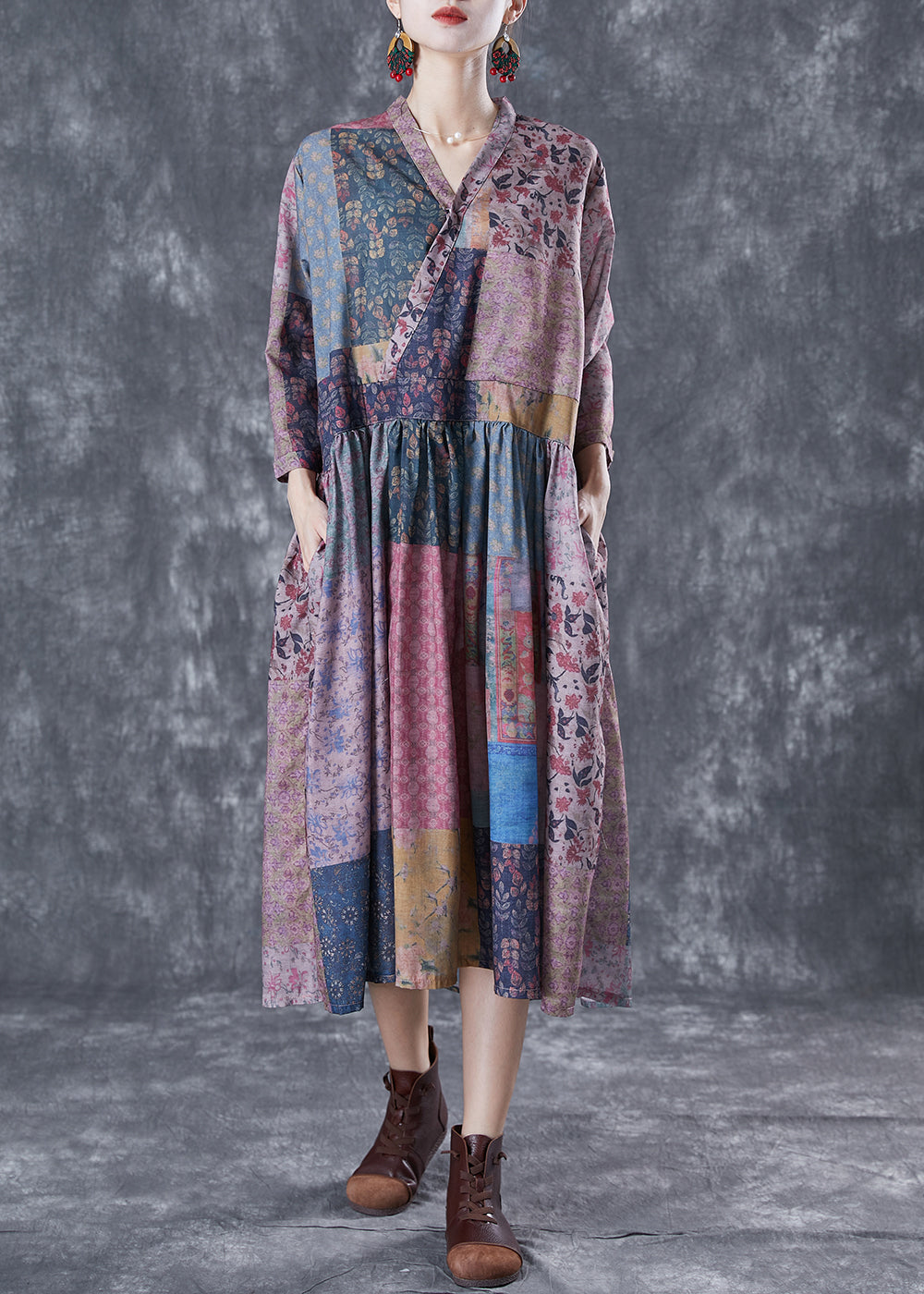 Retro Colorblock V Neck Patchwork Exra Large Hem Linen Dress Bracelet Sleeve LY5101 - fabuloryshop