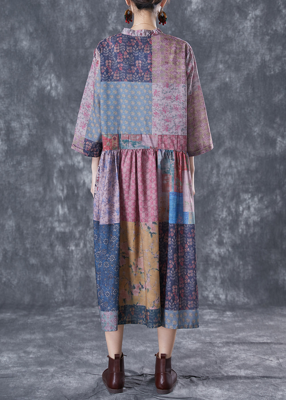 Retro Colorblock V Neck Patchwork Exra Large Hem Linen Dress Bracelet Sleeve LY5101 - fabuloryshop