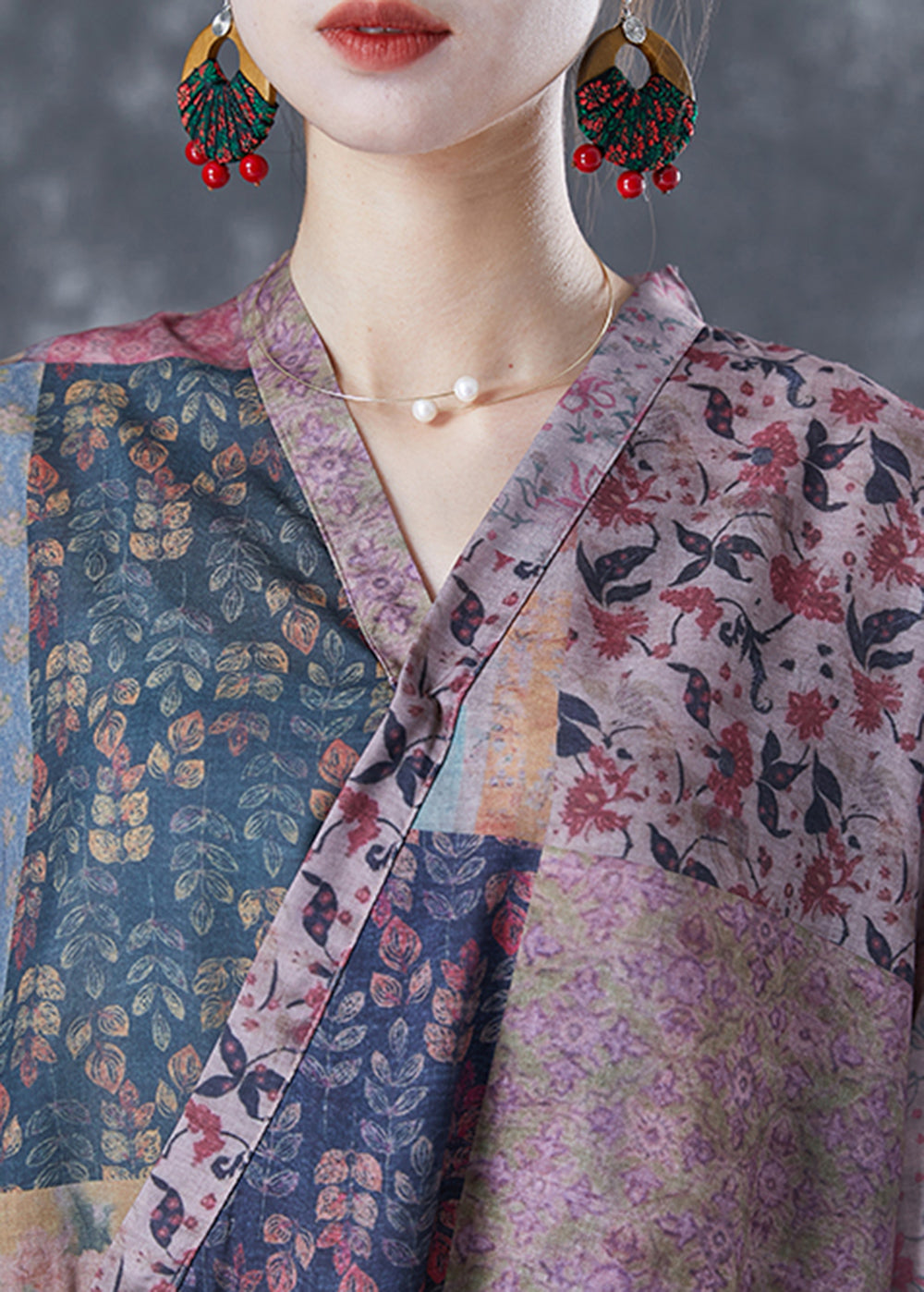 Retro Colorblock V Neck Patchwork Exra Large Hem Linen Dress Bracelet Sleeve LY5101 - fabuloryshop