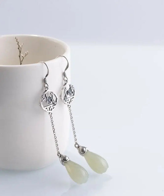 Retro Cyan Sterling Silver Jade Plum Blossom Drop Earrings Ada Fashion