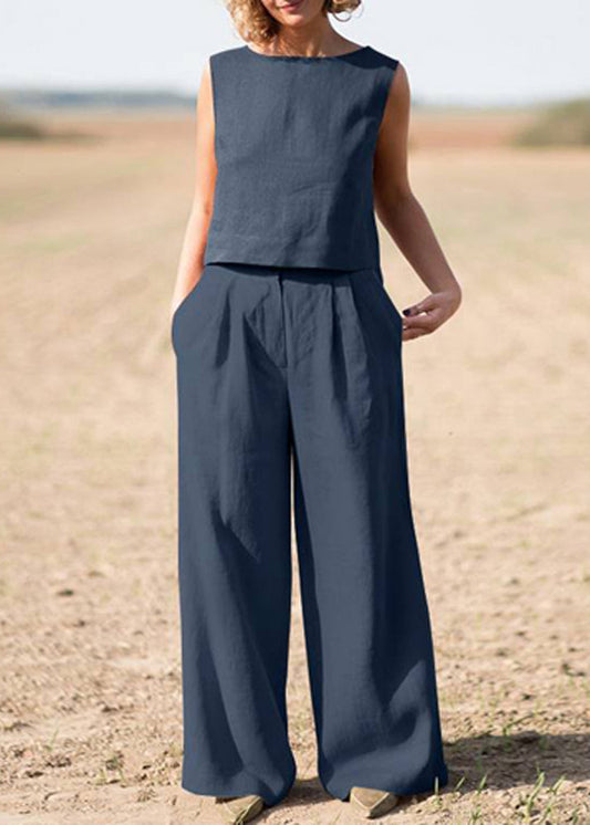 Retro Dark Blue Cotton And Linen Casual Loose Suit LY1946 - fabuloryshop