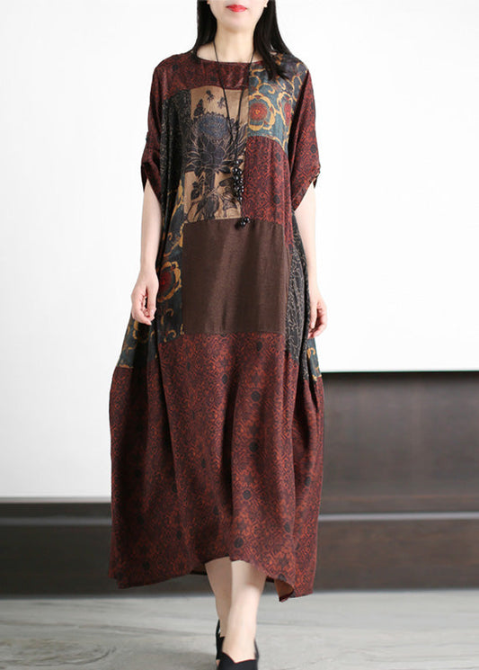 Retro Dark Red Patchwork Print Cozy Silk Maxi Dresses Summer LY5185 - fabuloryshop