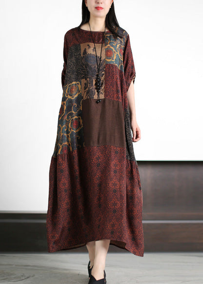 Retro Dark Red Patchwork Print Cozy Silk Maxi Dresses Summer LY5185 - fabuloryshop