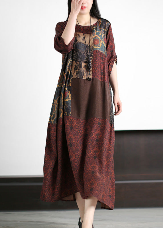 Retro Dark Red Patchwork Print Cozy Silk Maxi Dresses Summer LY5185 - fabuloryshop