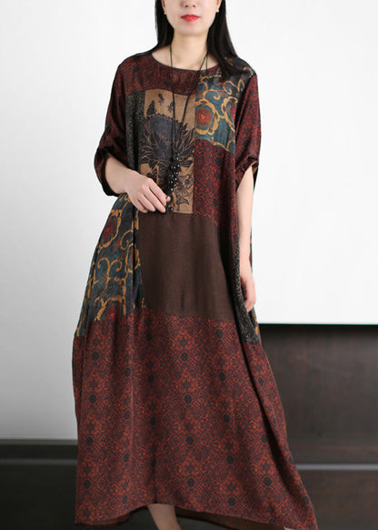 Retro Dark Red Patchwork Print Cozy Silk Maxi Dresses Summer LY5185 - fabuloryshop