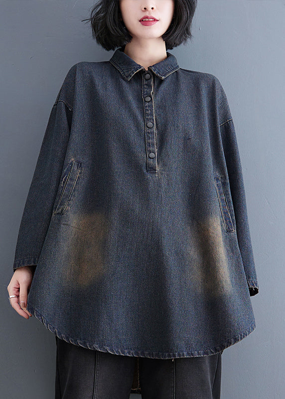 Retro Datrk Blue Peter Pan Collar Button Patchwork Denim Coats Long Sleeve Ada Fashion