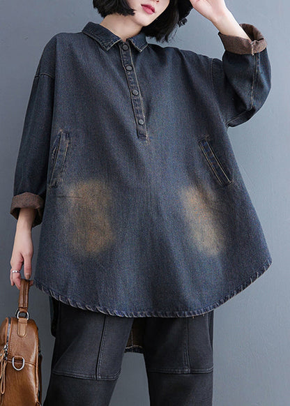 Retro Datrk Blue Peter Pan Collar Button Patchwork Denim Coats Long Sleeve Ada Fashion