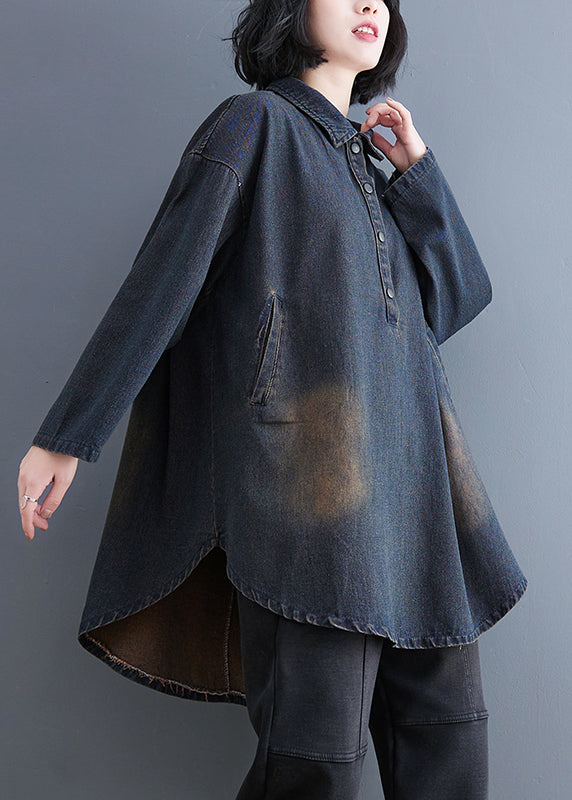 Retro Datrk Blue Peter Pan Collar Button Patchwork Denim Coats Long Sleeve Ada Fashion