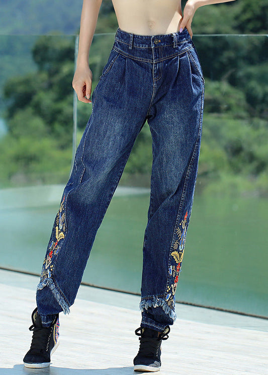 Retro Denim Blue Button Embroideried Floral Straight Pants Spring LY0198 - fabuloryshop