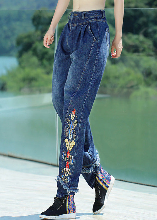 Retro Denim Blue Button Embroideried Floral Straight Pants Spring LY0198 - fabuloryshop