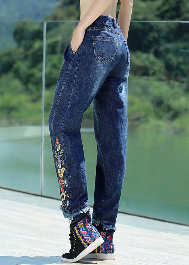 Retro Denim Blue Button Embroideried Floral Straight Pants Spring LY0198 - fabuloryshop