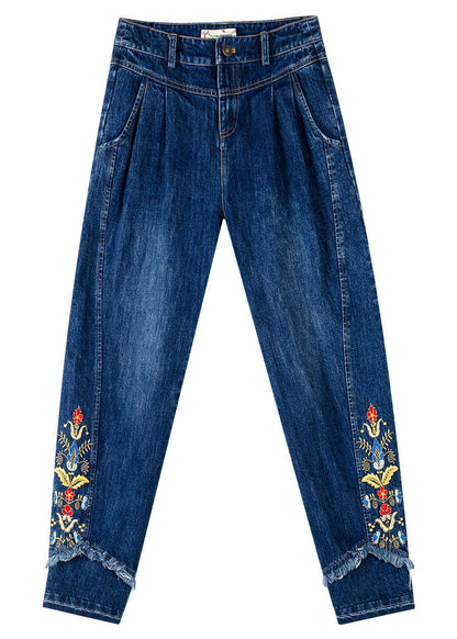 Retro Denim Blue Button Embroideried Floral Straight Pants Spring LY0198 - fabuloryshop