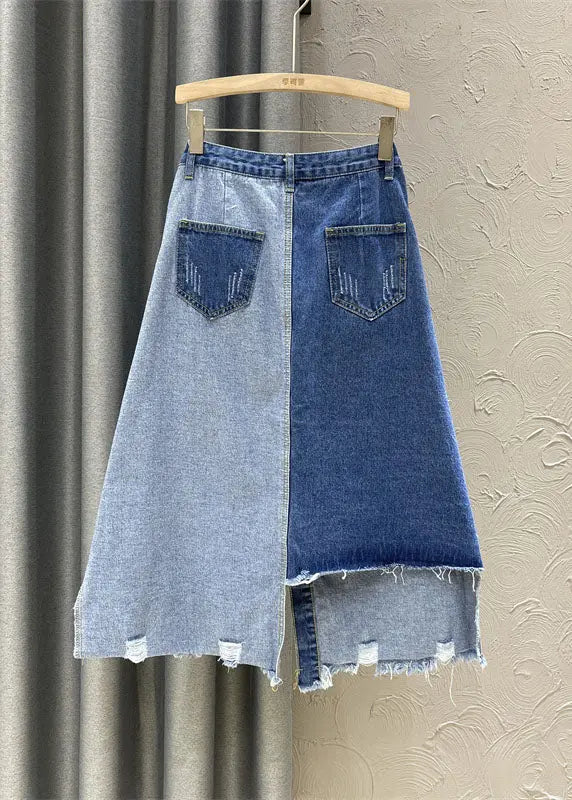 Retro Denim Blue High Waist Patchwork Button Asymmetrical Skirts Ada Fashion