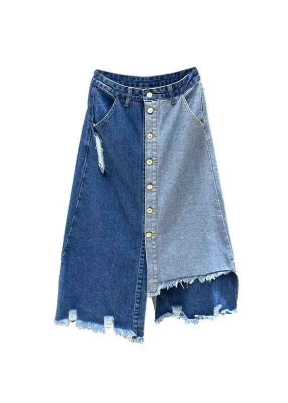 Retro Denim Blue High Waist Patchwork Button Asymmetrical Skirts Ada Fashion