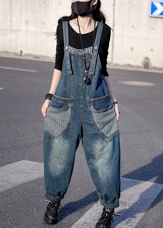 Retro Denim Blue Patchwork Button Harem Jumpsuit Spring LY1280 - fabuloryshop