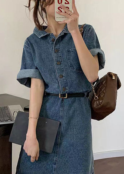 Retro Denim Blue Peter Pan Collar Patchwork Button Mid Dresses Summer Ada Fashion