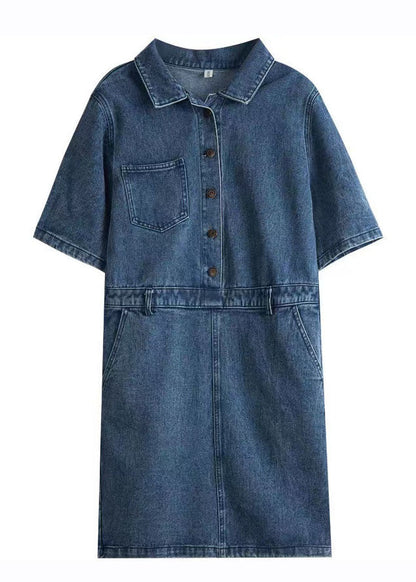 Retro Denim Blue Peter Pan Collar Patchwork Button Mid Dresses Summer Ada Fashion