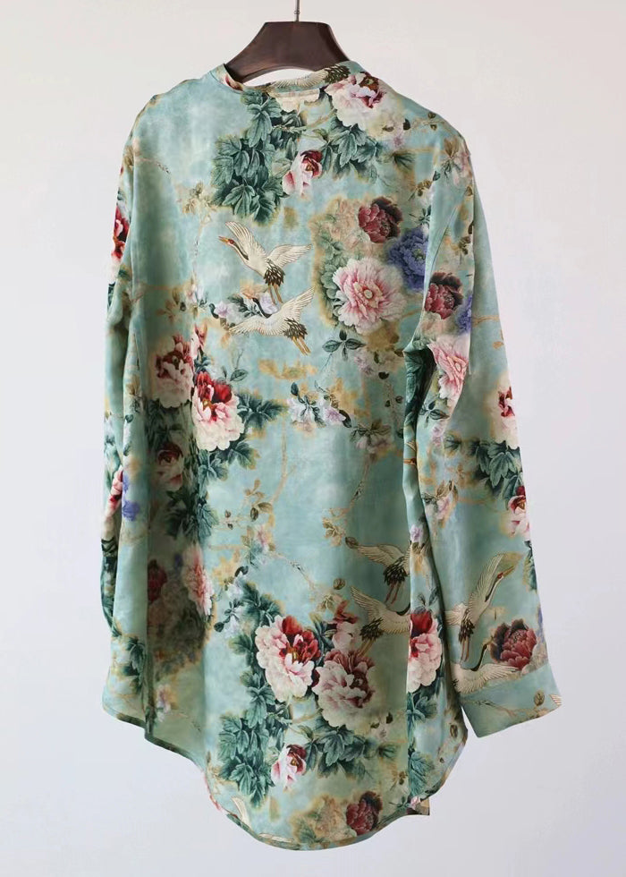 Retro Green Button Print Low High Design Silk Shirt Fall Ada Fashion