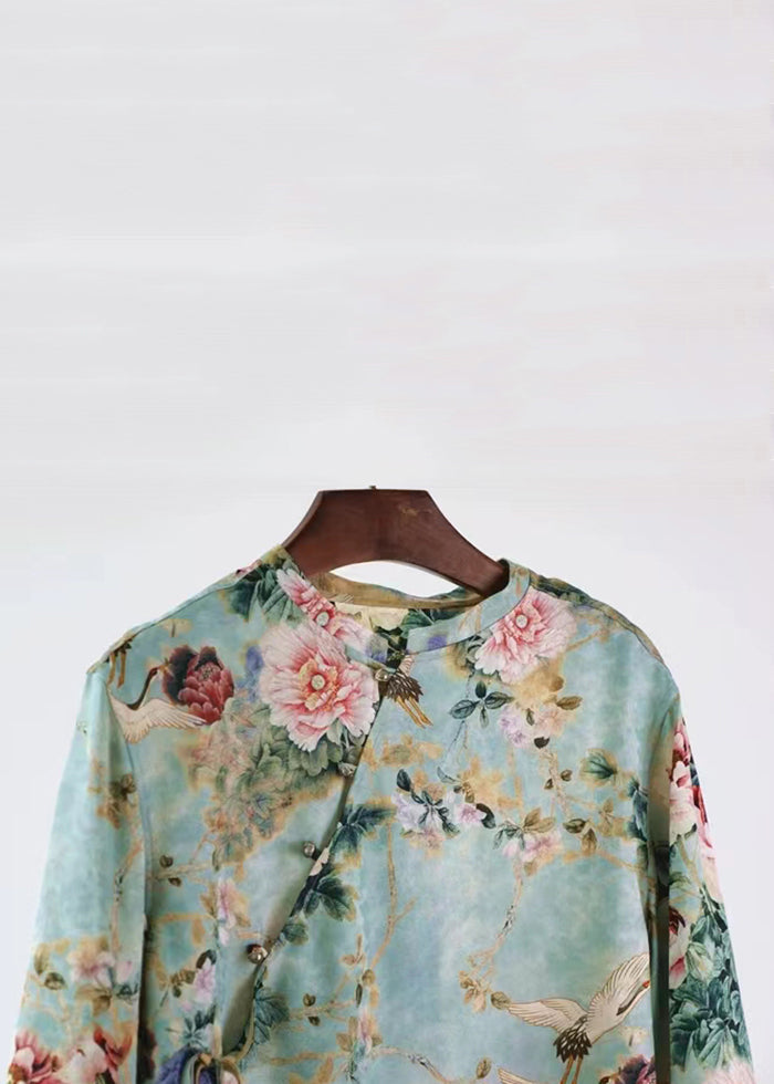 Retro Green Button Print Low High Design Silk Shirt Fall Ada Fashion