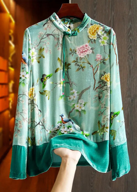 Retro Green Button Print Patchwork Silk Velour Tops Fall Ada Fashion