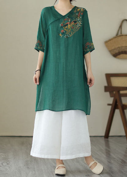 Retro Green Embroideried Patchwork Linen Mid Dresses Summer LY3927 - fabuloryshop