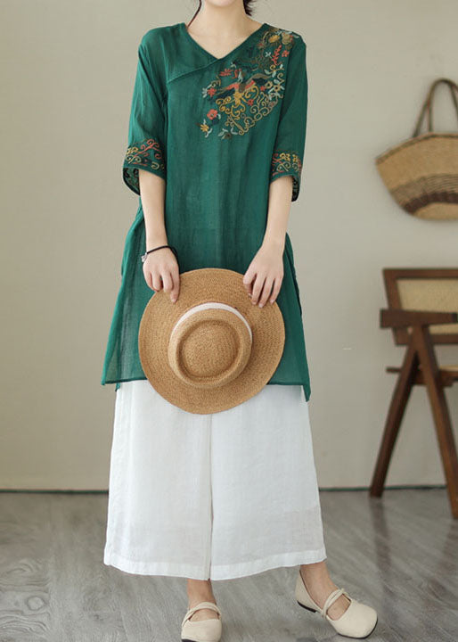 Retro Green Embroideried Patchwork Linen Mid Dresses Summer LY3927 - fabuloryshop