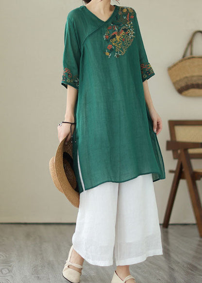 Retro Green Embroideried Patchwork Linen Mid Dresses Summer LY3927 - fabuloryshop