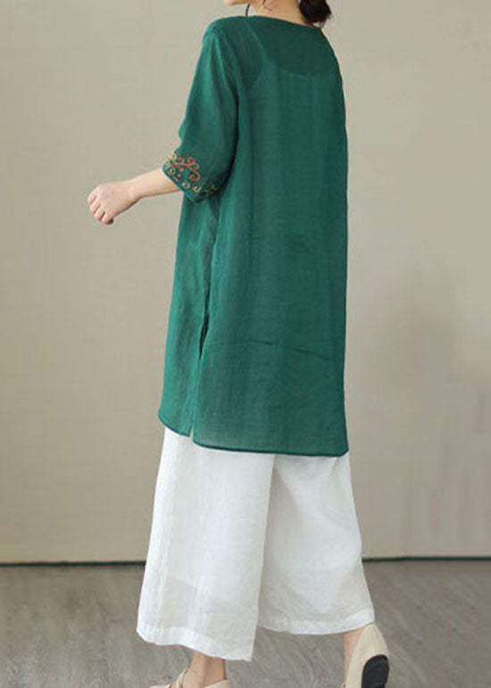 Retro Green Embroideried Patchwork Linen Mid Dresses Summer LY3927 - fabuloryshop