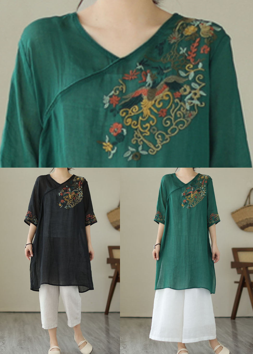 Retro Green Embroideried Patchwork Linen Mid Dresses Summer LY3927 - fabuloryshop