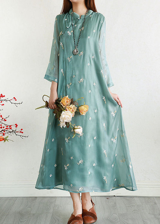 Retro Green Embroideried Patchwork Long Silk Dresses Summer LY2635 - fabuloryshop