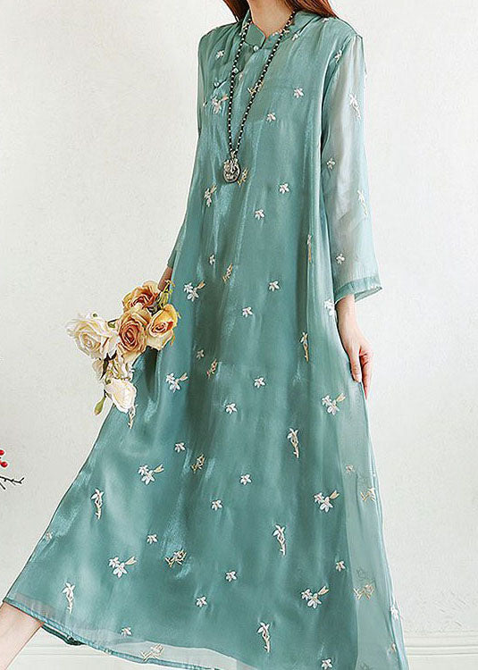 Retro Green Embroideried Patchwork Long Silk Dresses Summer LY2635 - fabuloryshop