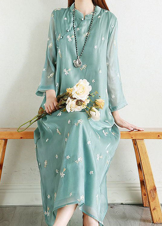 Retro Green Embroideried Patchwork Long Silk Dresses Summer LY2635 - fabuloryshop