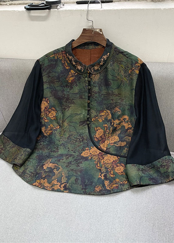 Retro Green Peter Pan Collar Button Print Patchwork Silk Shirt Spring LC0285 - fabuloryshop