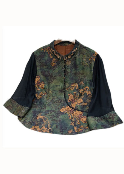 Retro Green Peter Pan Collar Button Print Patchwork Silk Shirt Spring LC0285 - fabuloryshop