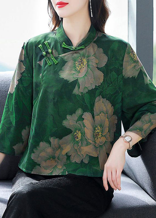 Retro Green Print Chinese Button Silk Blouses Flare Sleeve LY3718 - fabuloryshop